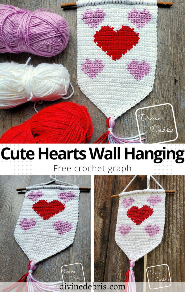 Learn to make the fun, quick, and Valentine's Day inspired Cute Hearts Wall Hanging from a free crochet pattern by DivineDebris.com