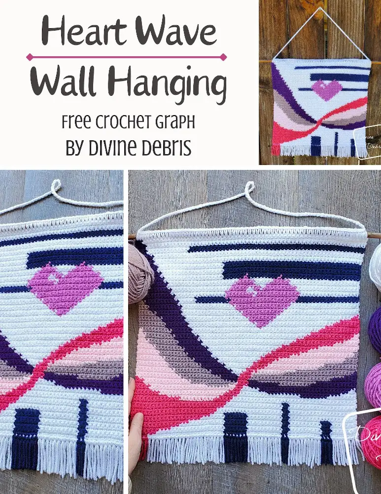 Learn to make the fun, colorful, and customizable Heart Wave Wall Hanging from a free graph on DivineDebris.com