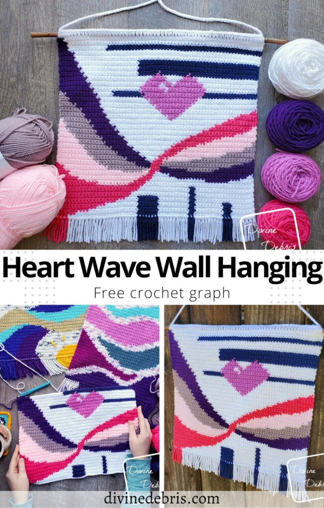 Learn to make the fun, colorful, and customizable Heart Wave Wall Hanging from a free graph on DivineDebris.com