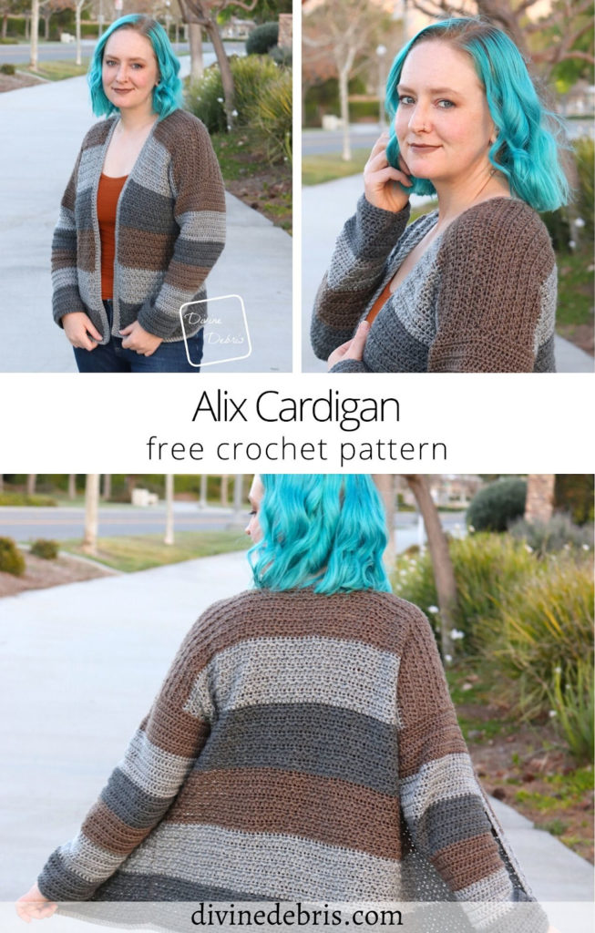 Learn to make the fun, colorful, textured, and easy Alix Cardigan from a free crochet pattern by DivineDebris.com