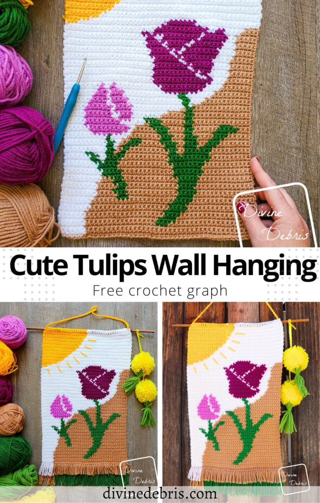 Get into the Spring spirit with this fun, floral, and colorful Cute Tulips Wall Hanging home decor piece from a free crochet pattern.