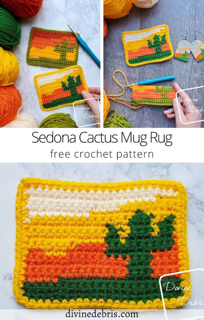 Learn to make the fun and desert themed Sedona Cactus Mug Rug from a free crochet graph made by DivineDebris.com