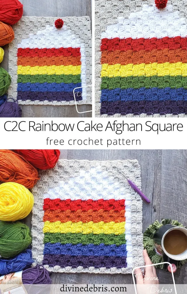 Learn to make the colorful C2C Rainbow Cake Afghan Square from a free graph (great for crochet, knitting, cross stitch) by DivineDebris
