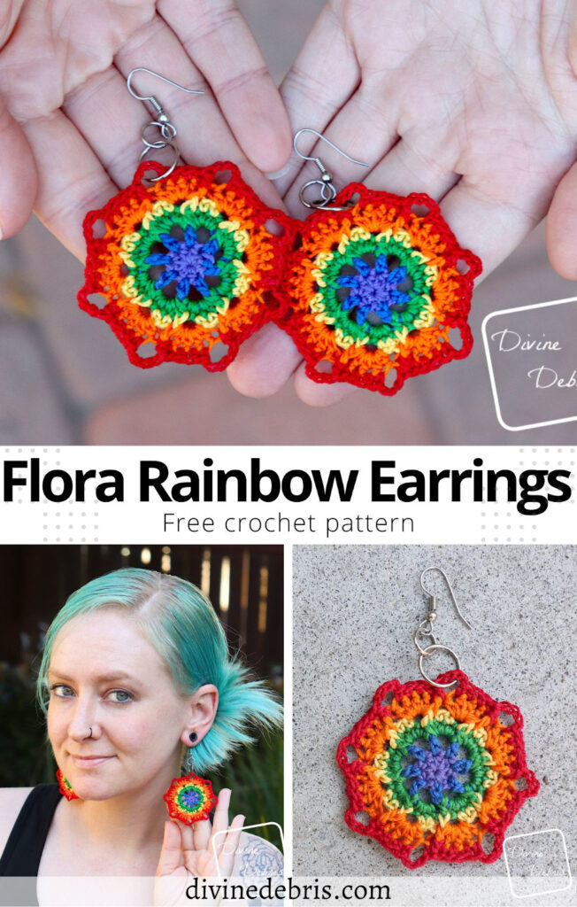 Learn to make the fun and easy Flora Rainbow Earrings crochet pattern, perfect for June, from a free pattern by DivineDebris.com