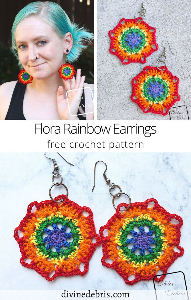 Learn to make the fun and easy Flora Rainbow Earrings crochet pattern, perfect for June, from a free pattern by DivineDebris.com