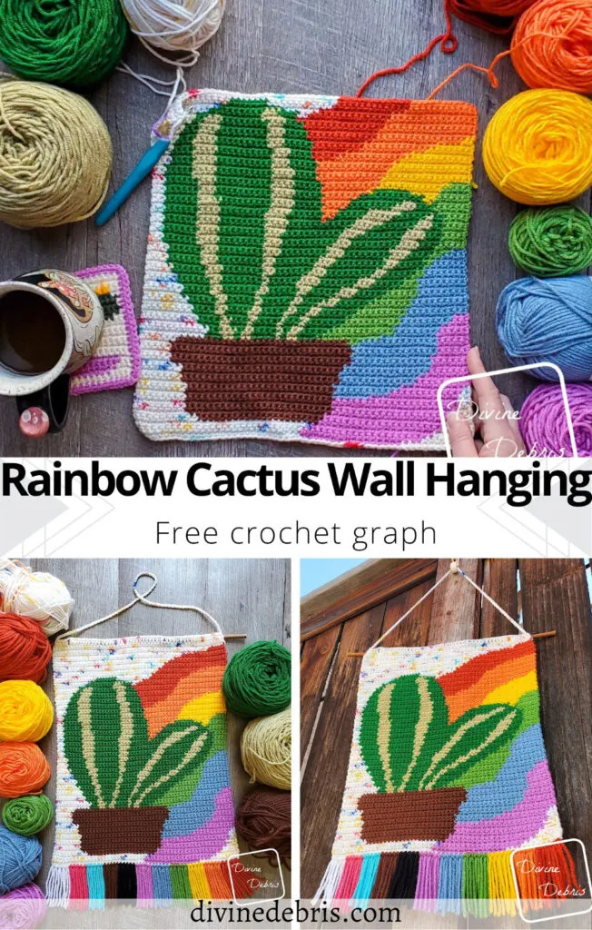 Learn to make the Rainbow Cactus Wall Hanging, a fun a colorful home decor piece, from a free graph designed by DivineDebris.com