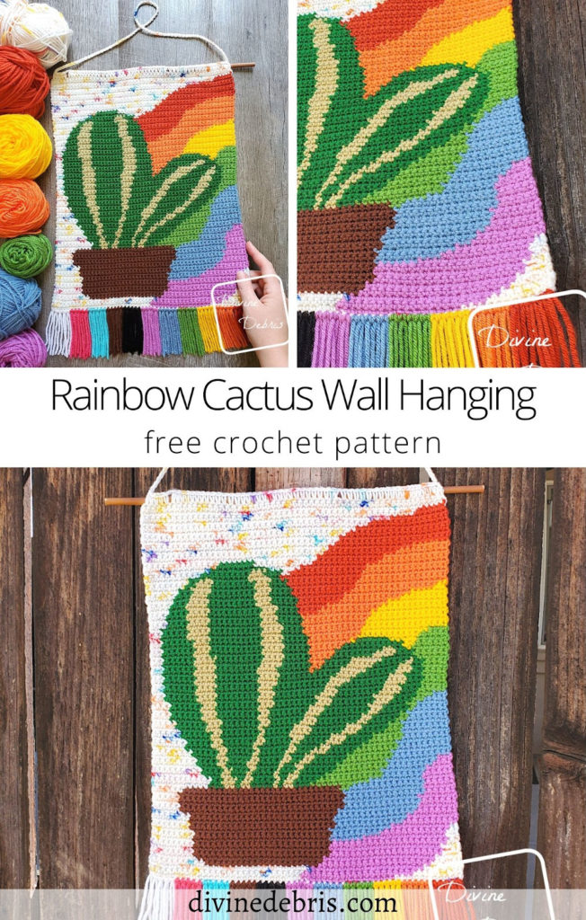 Learn to make the Rainbow Cactus Wall Hanging, a fun a colorful home decor piece, from a free graph designed by DivineDebris.com 