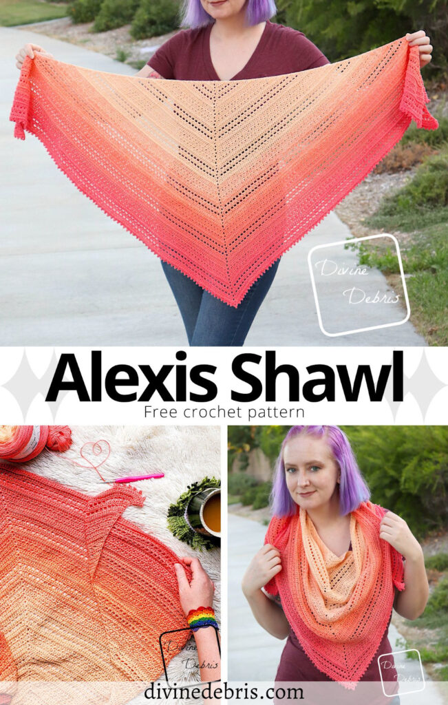 Learn to make the fun, easy, and sport weight shawl, the Alexis Shawl, from a free crochet pattern designed by Divine Debris.