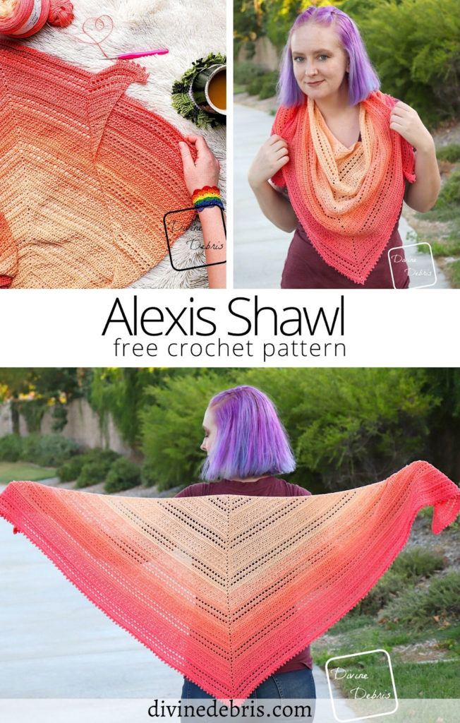 Learn to make the fun, easy, and sport weight shawl, the Alexis Shawl from a free crochet pattern designed by Divine Debris.