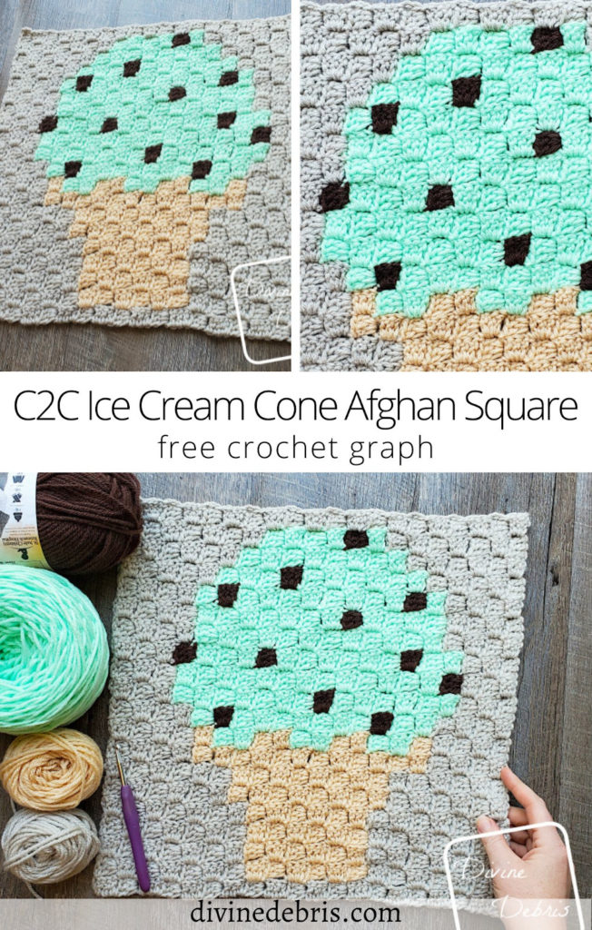 Learn to make the colorful C2C Ice Cream Cone Afghan Square from a free graph (great for crochet, knitting, cross stitch) by DivineDebris