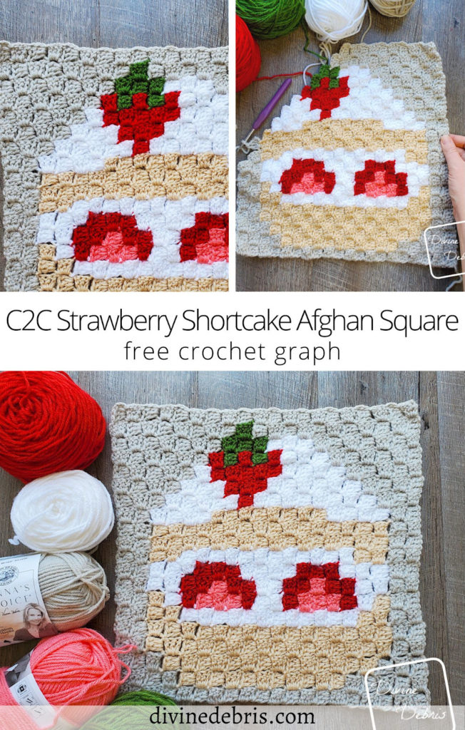 Learn to make the colorful C2C Strawberry Shortcake Afghan Square from a free graph (great for crochet, knitting, cross stitch) by DivineDebris