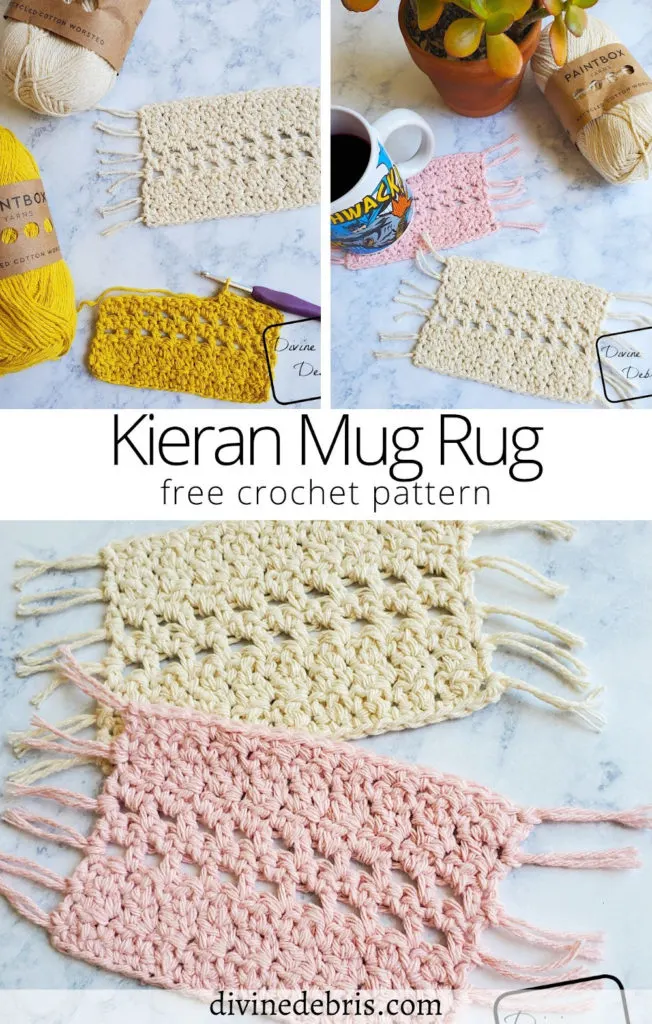 Learn to make the fun, easy, and customizable Kieran Mug Rug from a free crochet pattern available on DivineDebris.com 