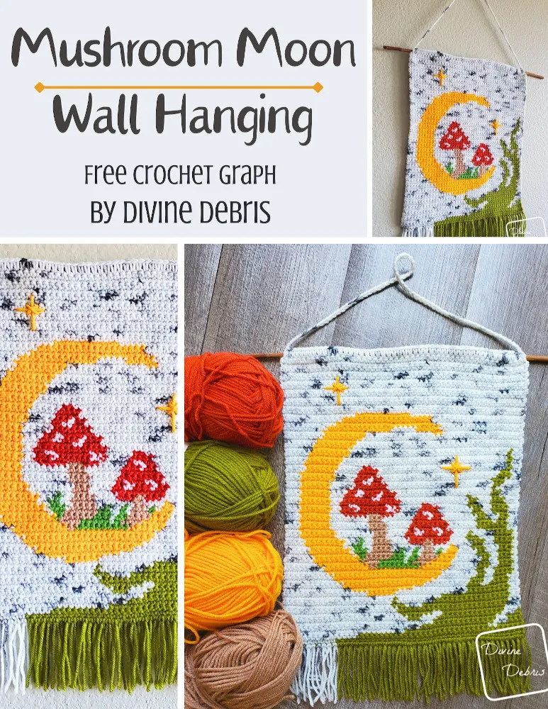 Learn to make the fun, colorful, and cute Mushroom Moon Wall Hanging from a free graph by DivineDebris.comGreat for crochet, knitting, cross stitch, and Tunisian crochet.