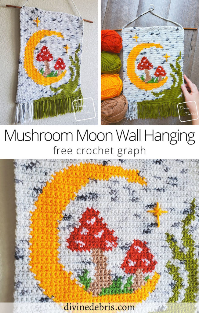 Learn to make the fun, colorful, and cute Mushroom Moon Wall Hanging from a free graph by DivineDebris.comGreat for crochet, knitting, cross stitch, and Tunisian crochet.