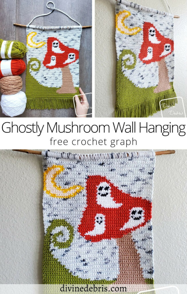 Learn to make this Halloween inspired piece of home decor, Ghostly Mushroom Wall Hanging, from a free graph designed by DivineDebris.com.