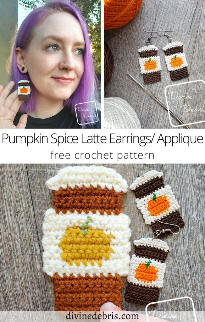 Be perfectly dressed for Fall with the Pumpkin Spice Latte Earrings/ Applique free crochet pattern by DivineDebris.com