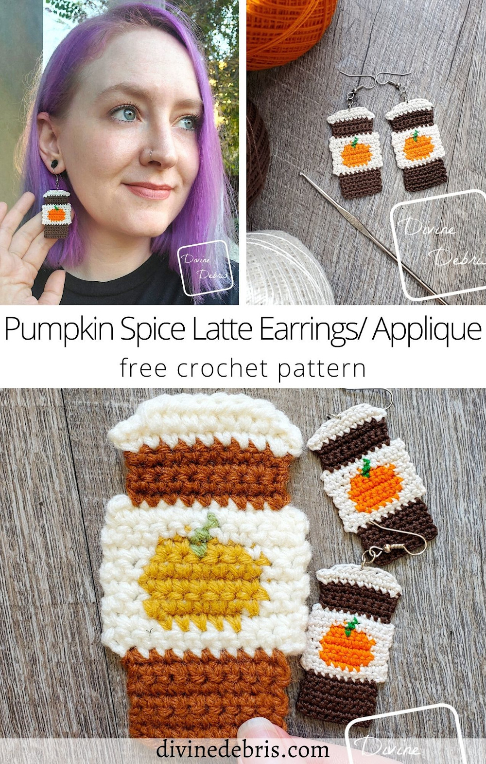 Pumpkin Spice Latte Earrings/ Applique free crochet pattern