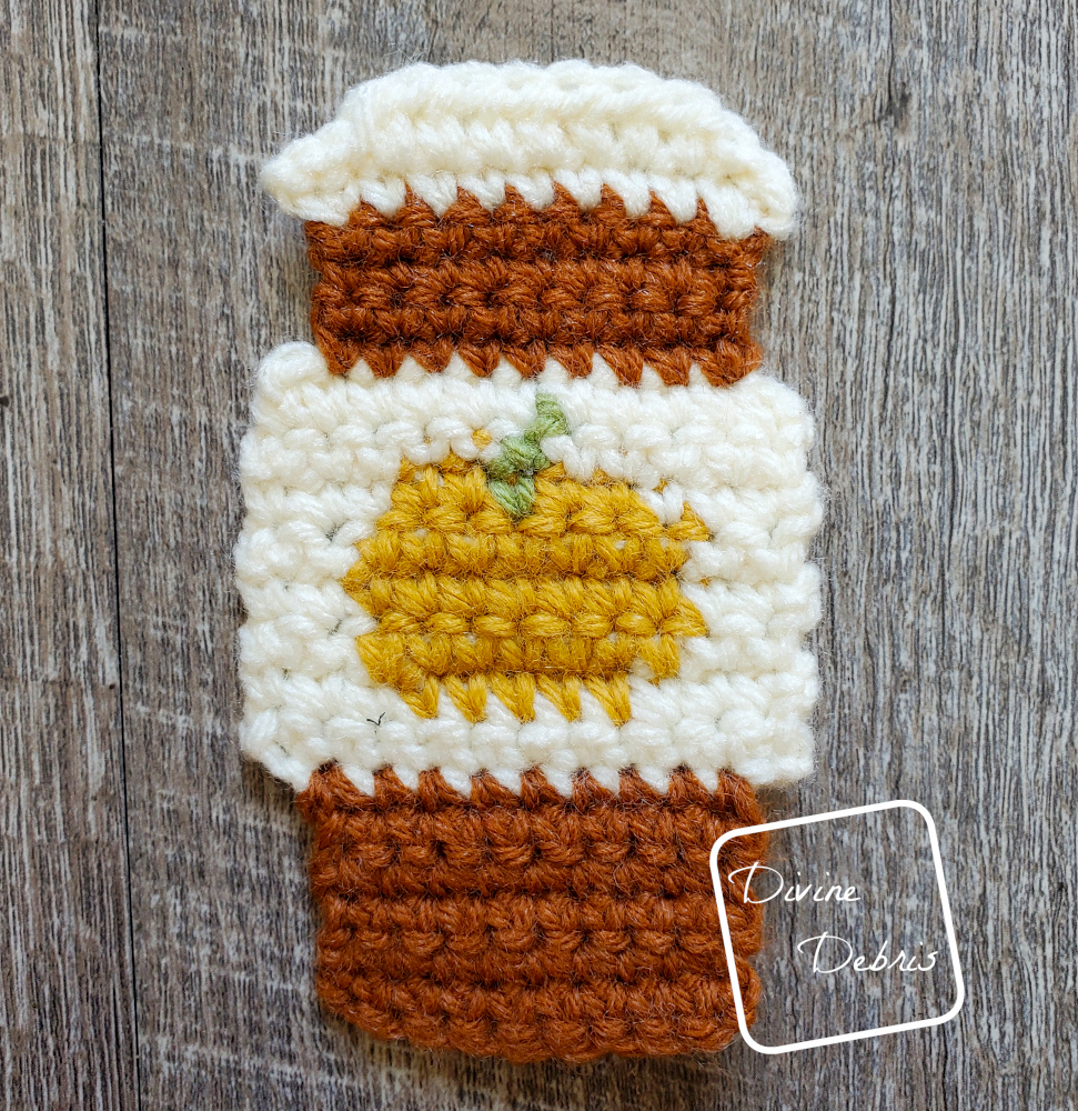 [Image description] Close up photo of the Pumpkin Spice Latte Applique crochet pattern