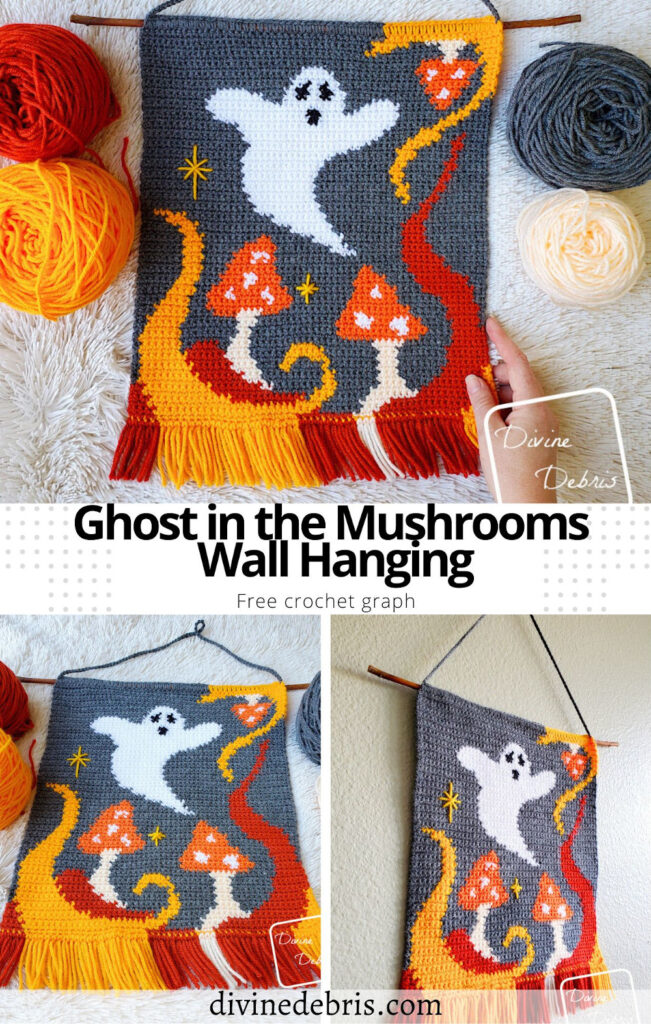 Learn to make this Halloween inspired piece of home decor, Ghost in the Mushrooms Wall Hanging, from a free graph designed by Divine Debris