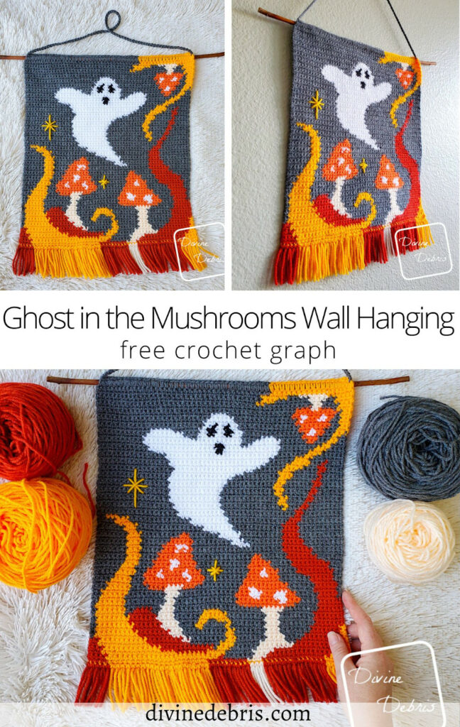 Learn to make this Halloween inspired piece of home decor, Ghost in the Mushrooms Wall Hanging, from a free graph designed by Divine Debris