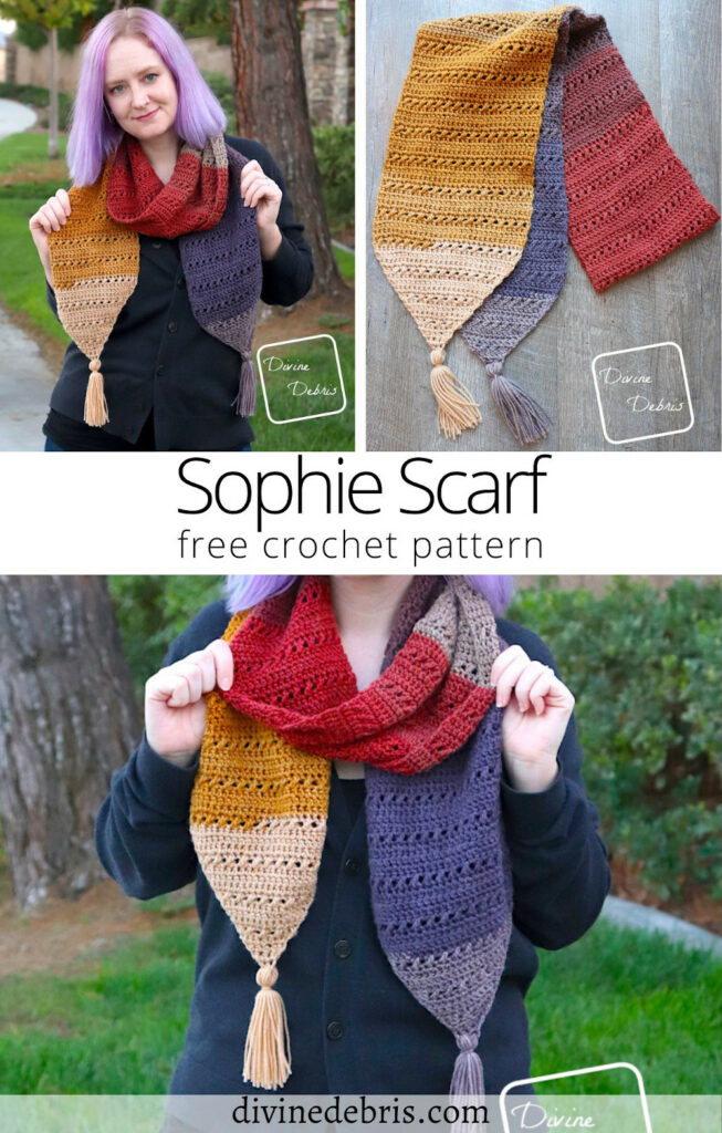 Learn to make the fun, simple, and textured Sophie Scarf from a free crochet pattern designed by DivineDebris.com