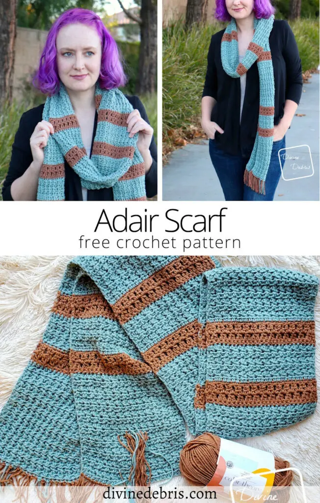 Learn to make the long and easily textured Adair Scarf from a free crochet pattern by Divine Debris