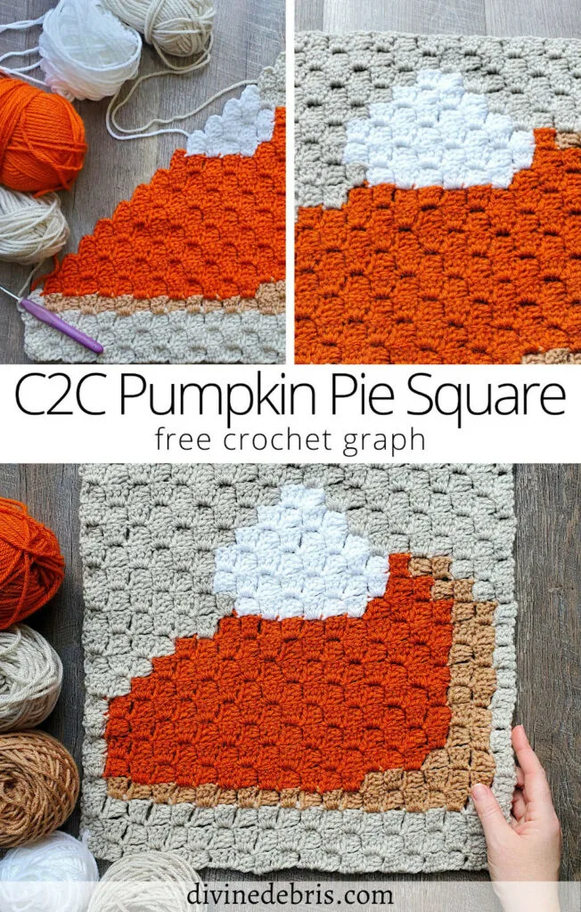 Learn to make the fun and delicious C2C Pumpkin Pie Square from a free crochet graph designed by DivineDebris.com