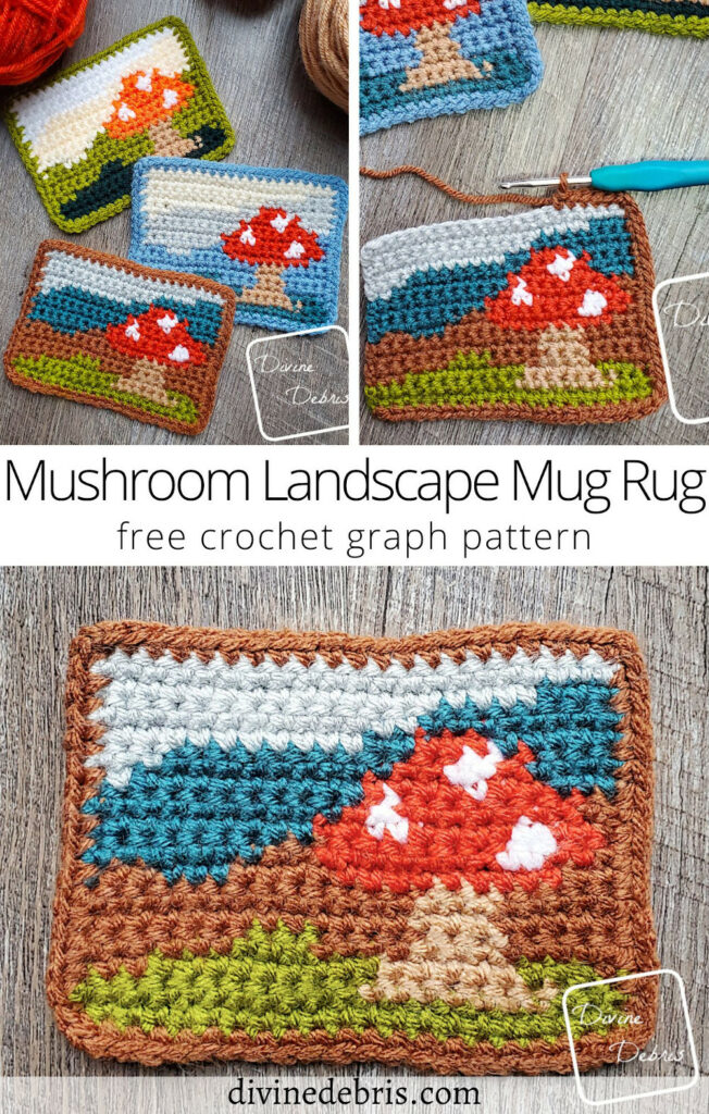 Learn to make this fun and colorful stash busting pattern, the Mushroom Landscape Mug Rug, from a free crochet graph by Divine Debris