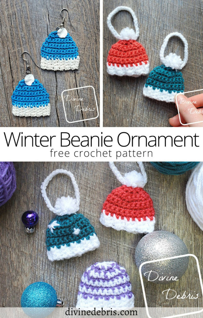 Get festive and fun with this 2 for one crochet pattern, the Winter Beanie Ornament and Earring set from a free pattern by Divine Debris.