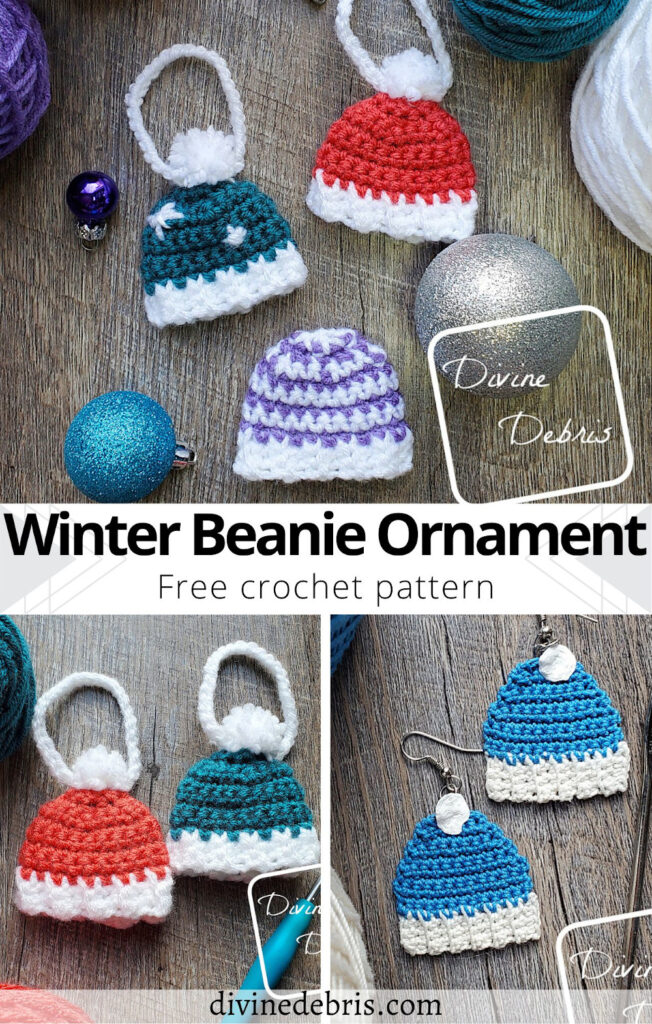 Get festive and fun with this 2 for one crochet pattern, the Winter Beanie Ornament and Earring set from a free pattern by Divine Debris.