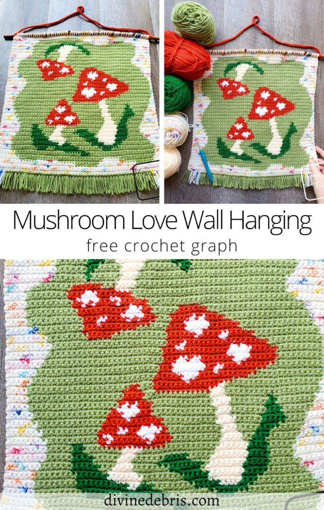 Learn to make this fun and mushroom-centric home decor piece, the Mushroom Love Wall Hanging, from a free crochet graph by DivineDebris.com