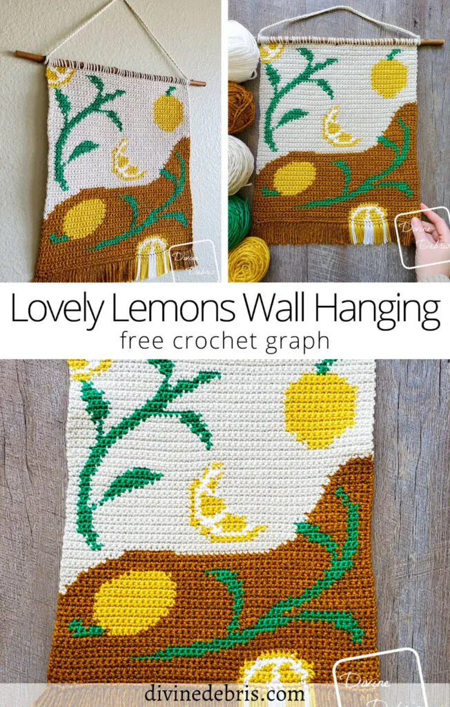 Learn to make the fun and colorful Lovely Lemons Wall Hanging from a free crochet graph by Divine Debris. Great for knitting too.