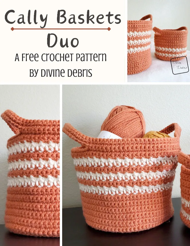 Learn to make not one but two really fun and colorful baskets, the Cally Baskets Duo from a free crochet pattern by Divine Debris.
