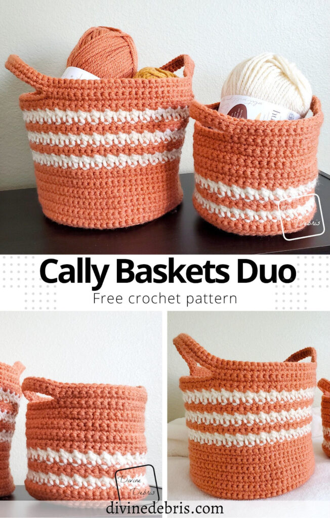 Learn to make not one but two really fun and colorful baskets, the Cally Baskets Duo from a free crochet pattern by Divine Debris.