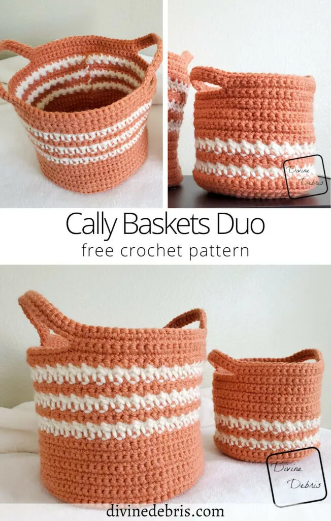 Learn to make not one but two really fun and colorful baskets, the Cally Baskets Duo from a free crochet pattern by Divine Debris.