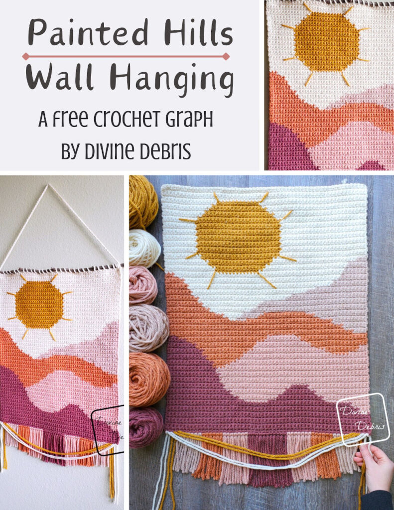 Learn to make the bright and colorful Painted Hills Wall Hanging from a free graph on Divine Debris. Great for crochet, knit, tunisian crochet, cross stitch and more.