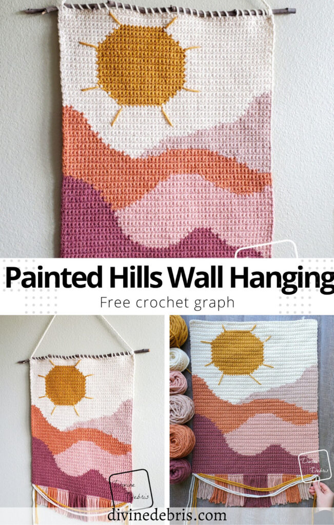 Learn to make the bright and colorful Painted Hills Wall Hanging from a free graph on Divine Debris. Great for crochet, knit, tunisian crochet, cross stitch and more.