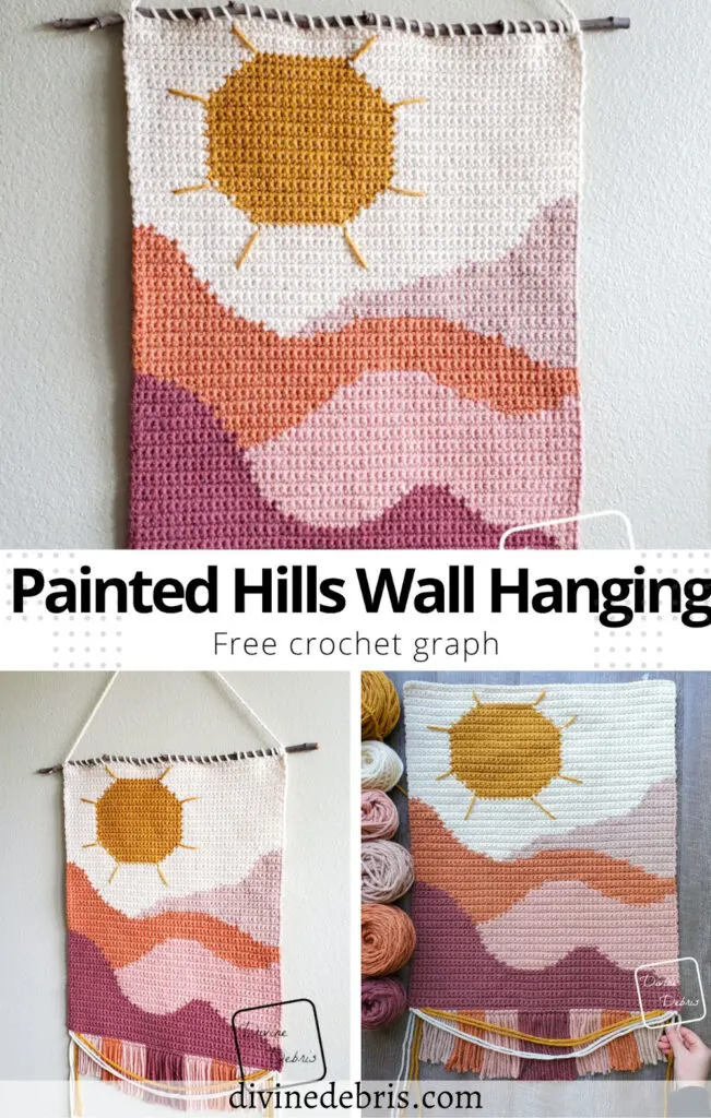 Learn to make the bright and colorful Painted Hills Wall Hanging from a free graph on Divine Debris. Great for crochet, knit, tunisian crochet, cross stitch and more.