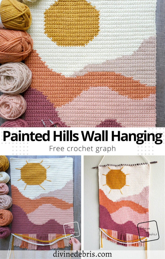 Learn to make the bright and colorful Painted Hills Wall Hanging from a free graph on Divine Debris. Great for crochet, knit, tunisian crochet, cross stitch and more.