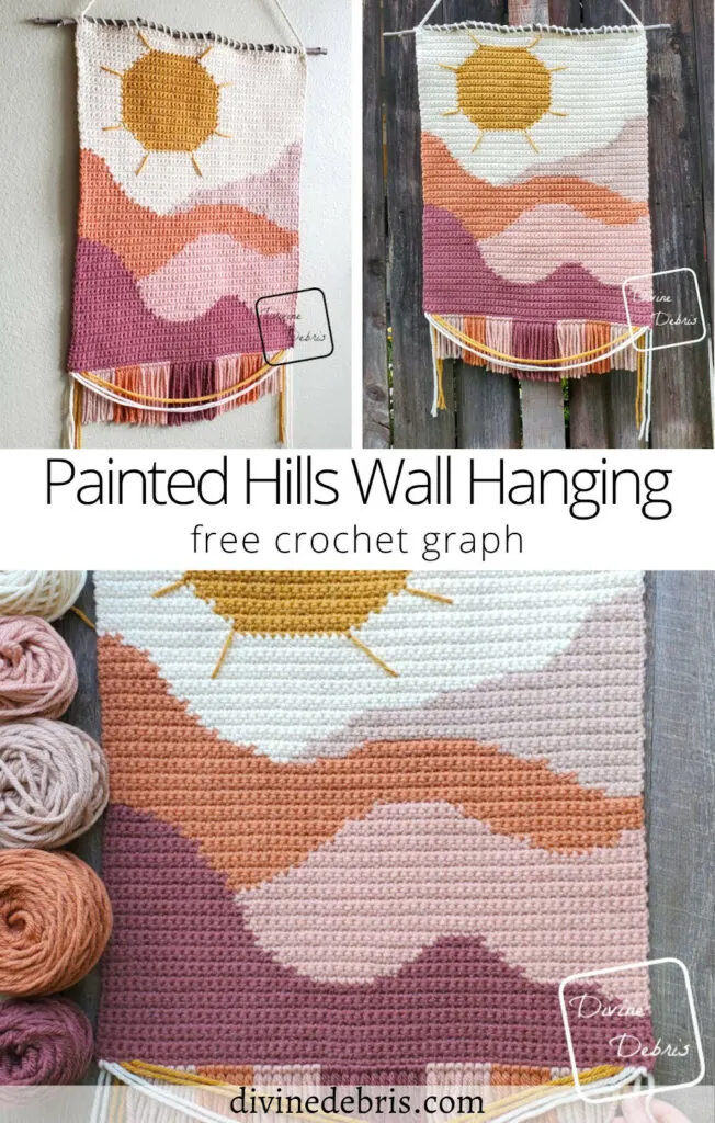 Learn to make the bright and colorful Painted Hills Wall Hanging from a free graph on Divine Debris. Great for crochet, knit, tunisian crochet, cross stitch and more.