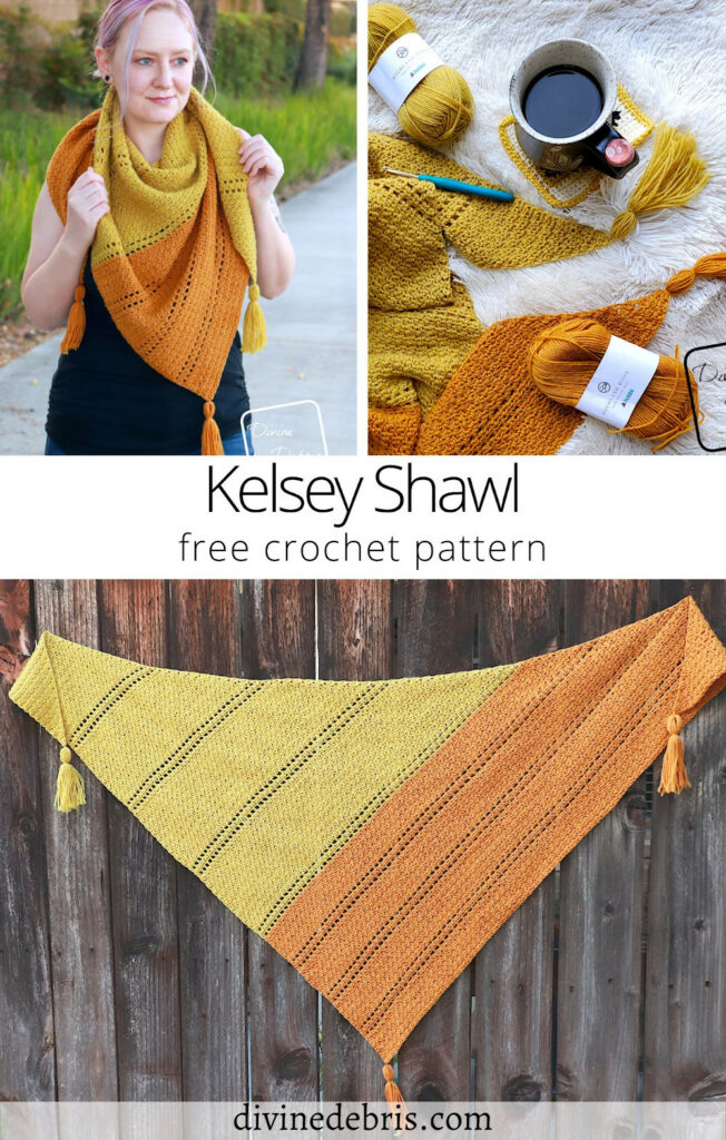 Learn to make this fun and easy one piece triangle shawl, the Kelsey Shawl, from a free crochet pattern by Divine Debris.