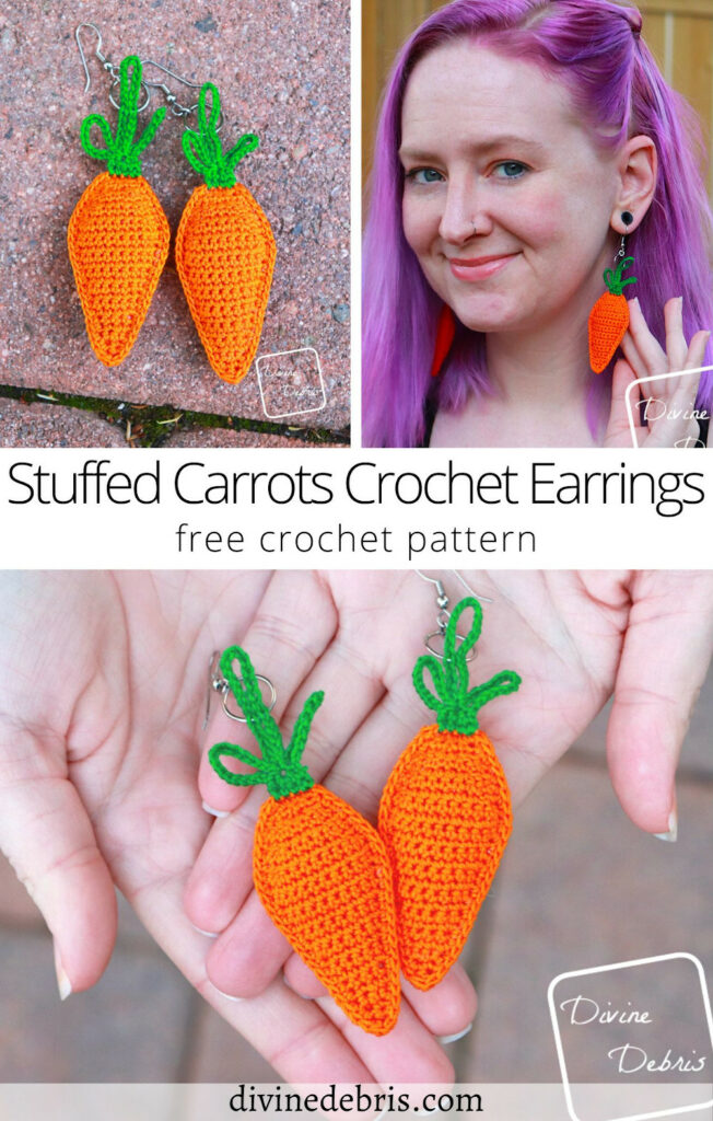 Have a whimsical Easter or any time of year with these easy Stuffed Carrots Crochet Earrings from a free crochet pattern by Divine Debris.