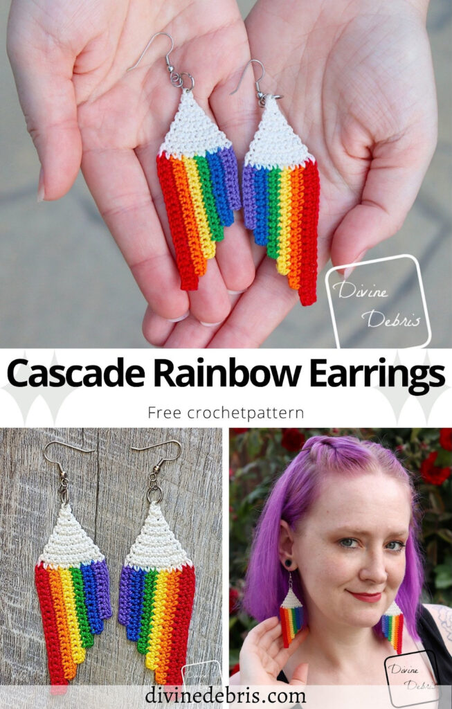 Learn to make the fun, colorful, and easy Cascade Rainbow Earrings from a free crochet pattern by Divine Debris.