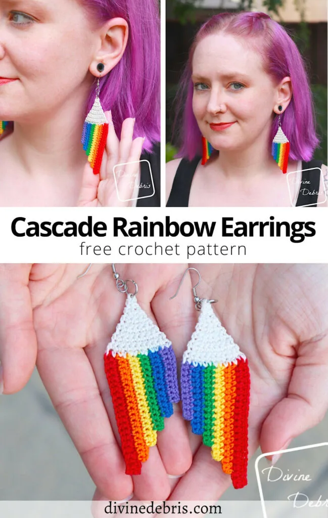 Learn to make the fun, colorful, and easy Cascade Rainbow Earrings from a free crochet pattern by Divine Debris.