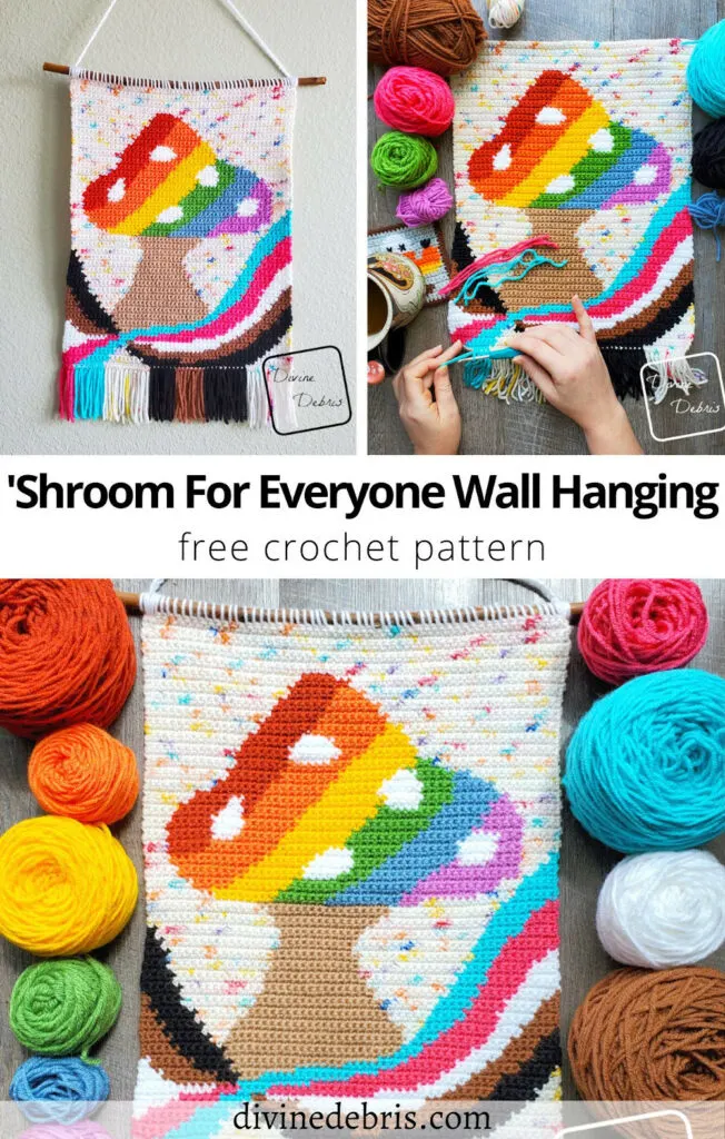 Learn to make this fun, colorful, and moving 'Shroom For Everyone Wall Hanging free crochet pattern available on DivineDebris.com