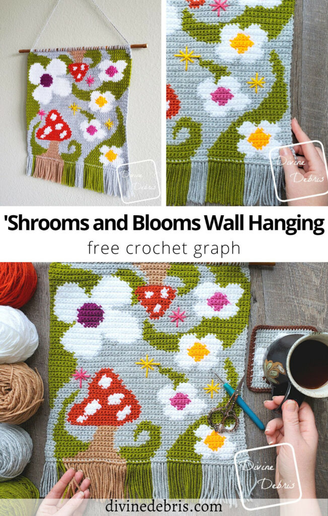 Add some color and brightness to your home with the fun and springy 'Shrooms and Blooms Wall Hanging crochet pattern by Divine Debris.