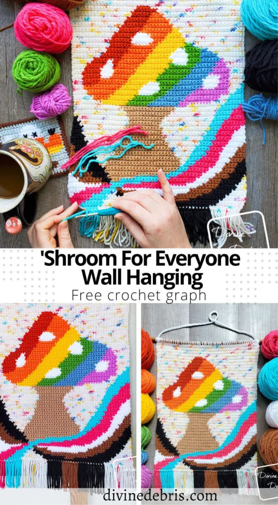 Learn to make this fun, colorful, and moving 'Shroom For Everyone Wall Hanging free crochet pattern available on DivineDebris.com