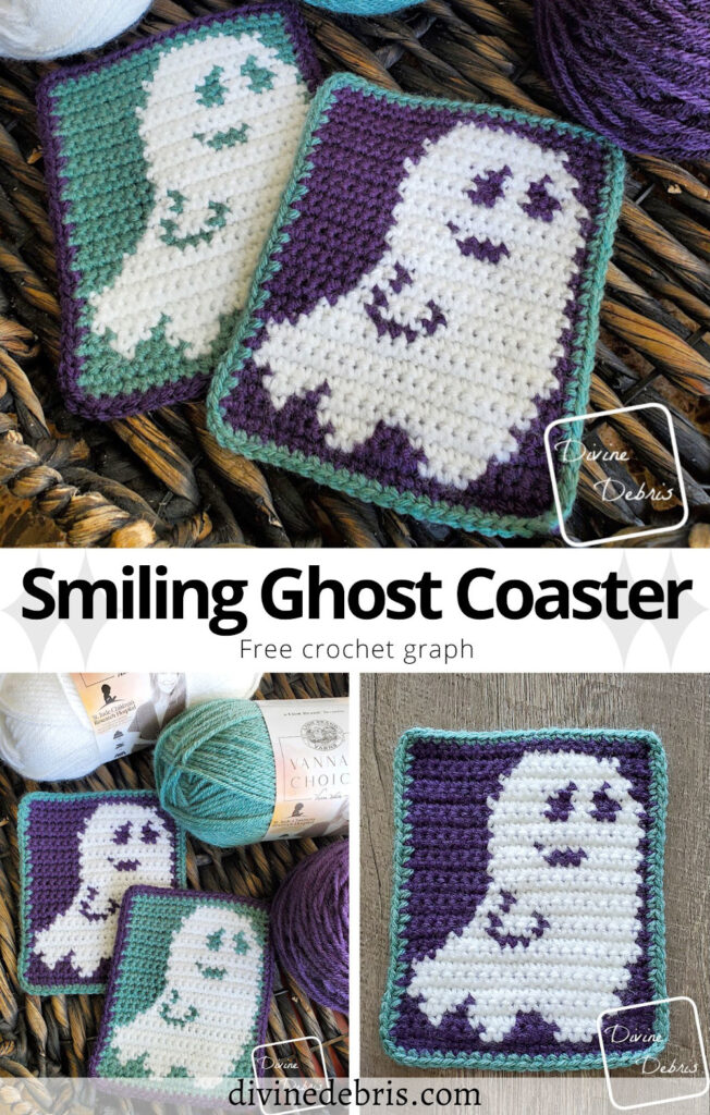 Learn to make the fun and festive Smiling Ghost Coaster from a free crochet graph on DivineDebris.com