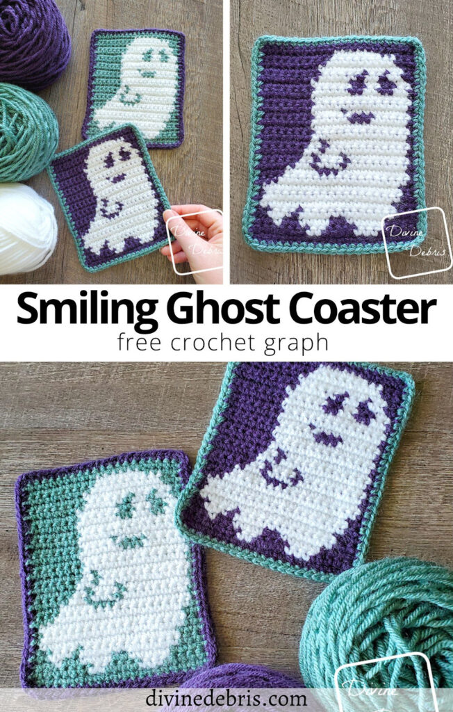 Learn to make the fun and festive Smiling Ghost Coaster from a free crochet graph on DivineDebris.com
