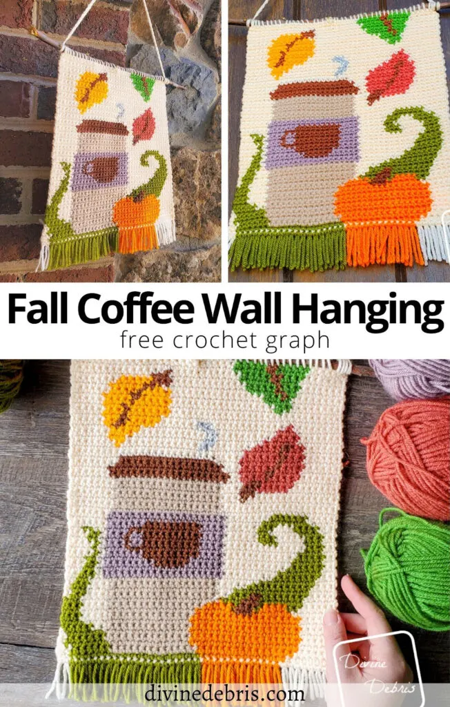 Learn to make the fun and coffee shop inspired home decor piece, the Fall Coffee Wall Hanging from a free crochet graph by Divine Debris.